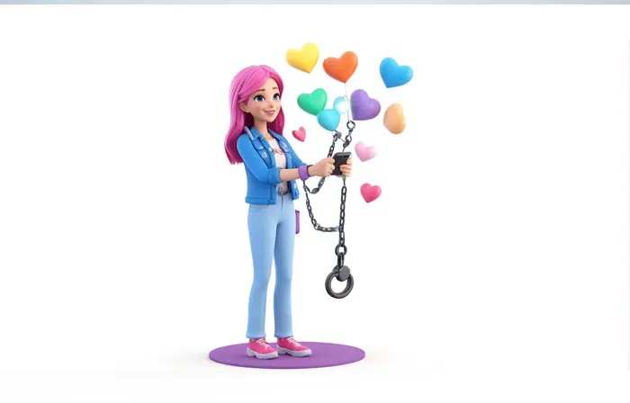 Social Media Addicted Girl 3D Cartoon Character Design Illustration